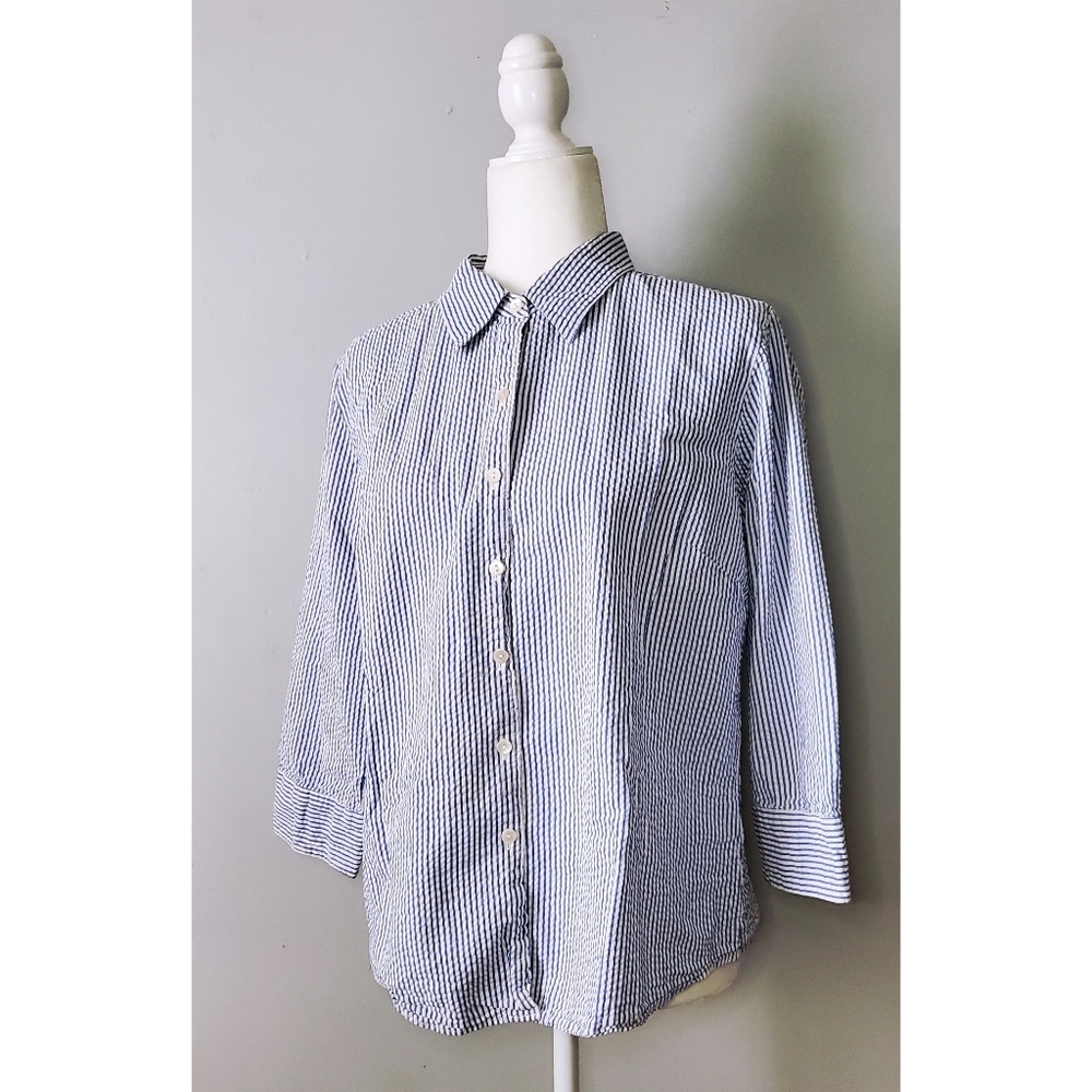 L.L. Bean | Pin Striped Collared 3/4 Sleeves Button Down Up Shirt Blouse Top